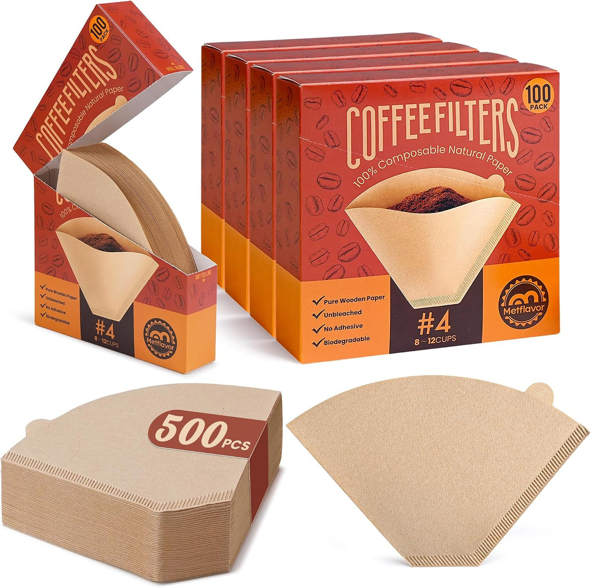500 Count Coffee Filters #4, Unbleached Cone Coffee Filter 8-12 Cup