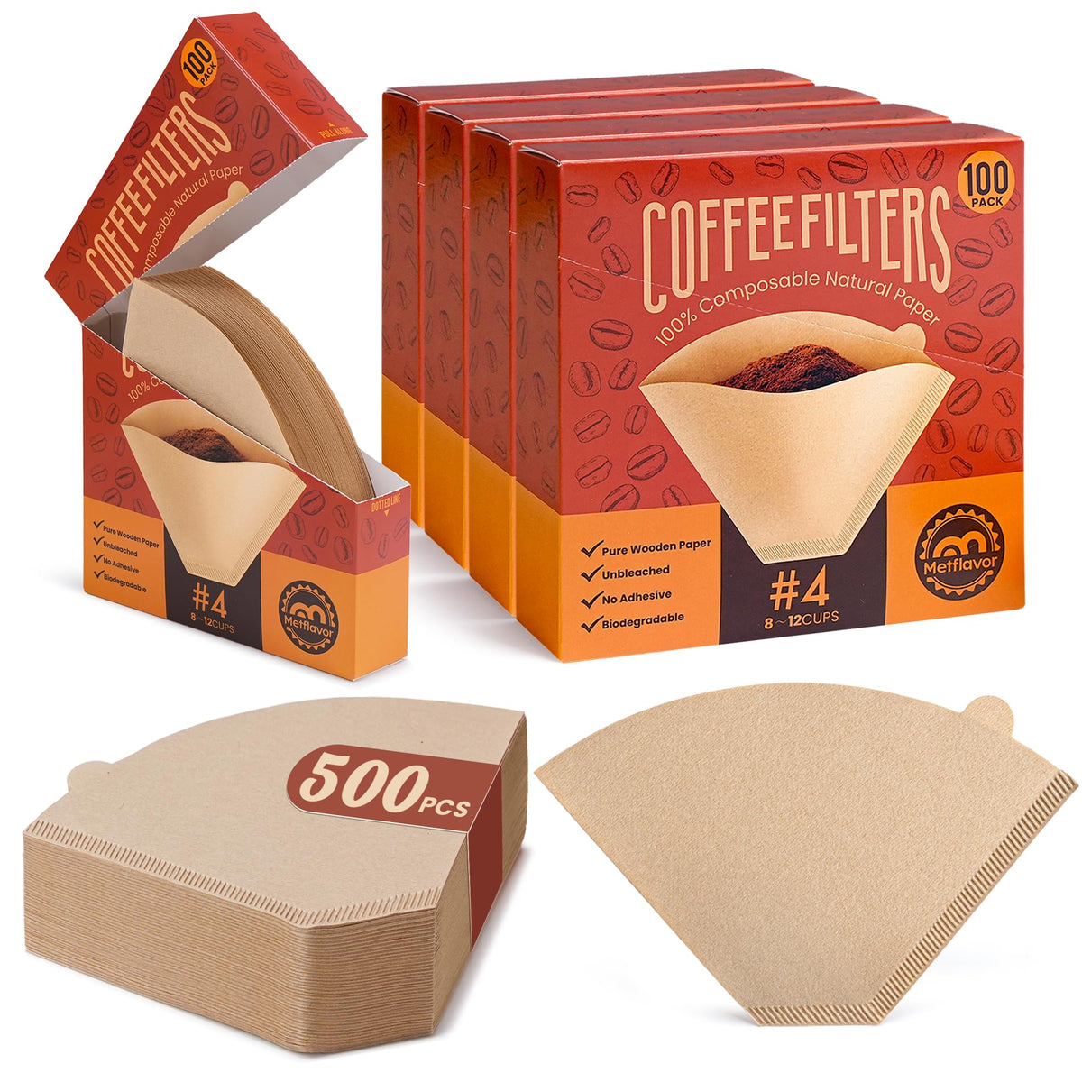 500 Count Coffee Filters #4, Unbleached Cone Coffee Filter 8-12 Cup