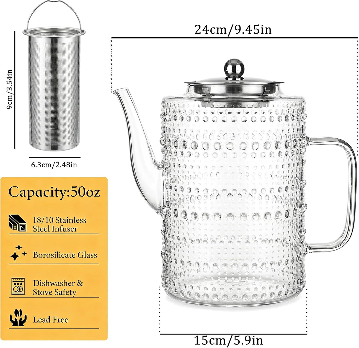 1500ml/50OZ Glass Teapot with Removable Infuser, Stovetop Safe, Large Tea Kettle, Borosilicate Glass Blooming and Loose Leaf Tea Maker Set