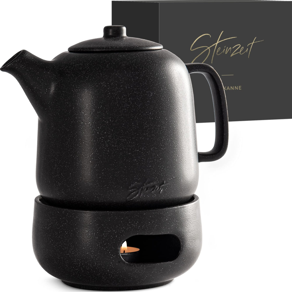 Steinzeit Design Tea Pot (44 oz) - Premium Ceramic Teapot with Infuser for Loose Tea - Black Teapot Ceramic with Removable Strainer
