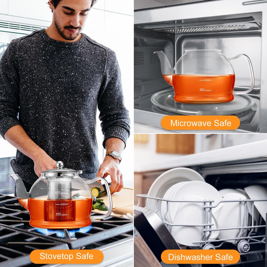 STNTUS Glass Teapot, 40 oz. / 1200 ml for Loose Tea, With Infuser and Stainless Steel Strainer, Stovetop Safe, 4-6 Cups