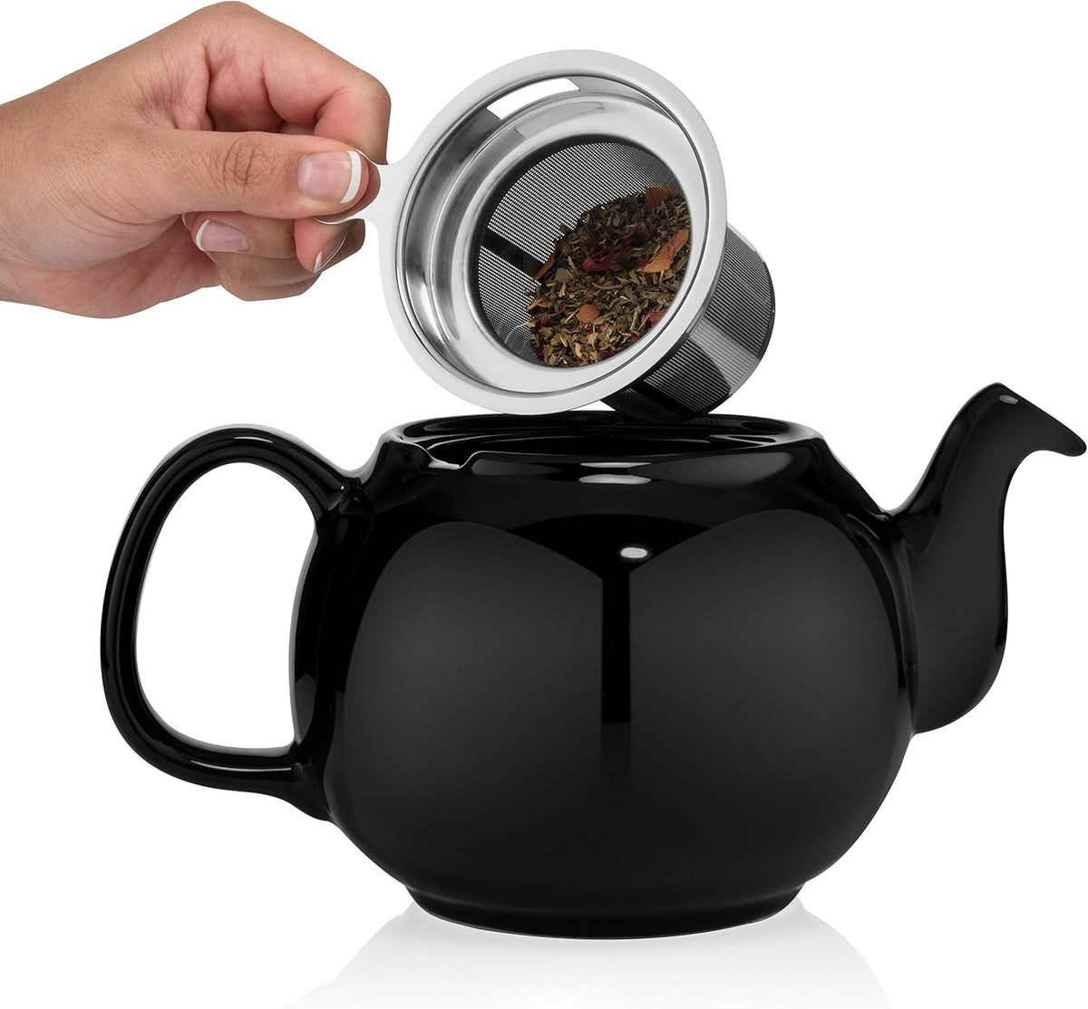 SAKI Large Porcelain Teapot, 48 Ounce Tea Pot with Infuser, Loose Leaf and Blooming Tea Pot - Black