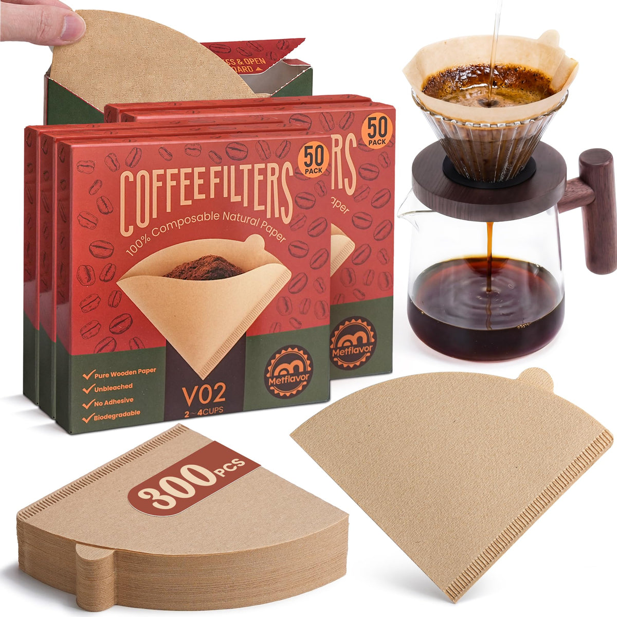 300Pcs Coffee Filters #2, Disposable Unbleached V60 Coffee Filter 2-4 Cup