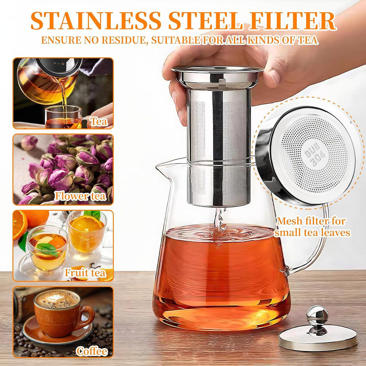 Glass Teapot with Stainless Steel Infuser, Borosilicate Tea Kettle, Clear Tea Maker for Loose Leaf Tea (550ML)