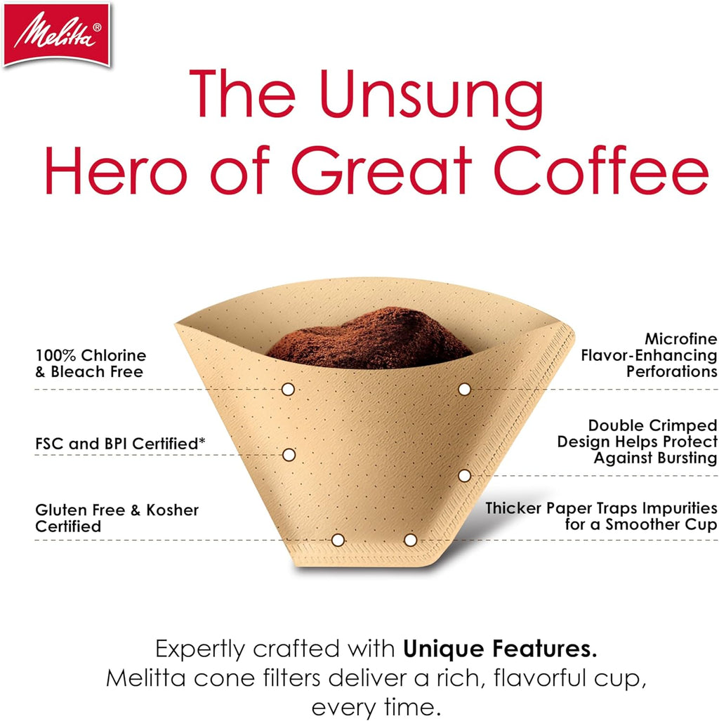 Melitta #2 Unbleached Coffee Filters, Natural Brown Cone Filters, 6-Pack