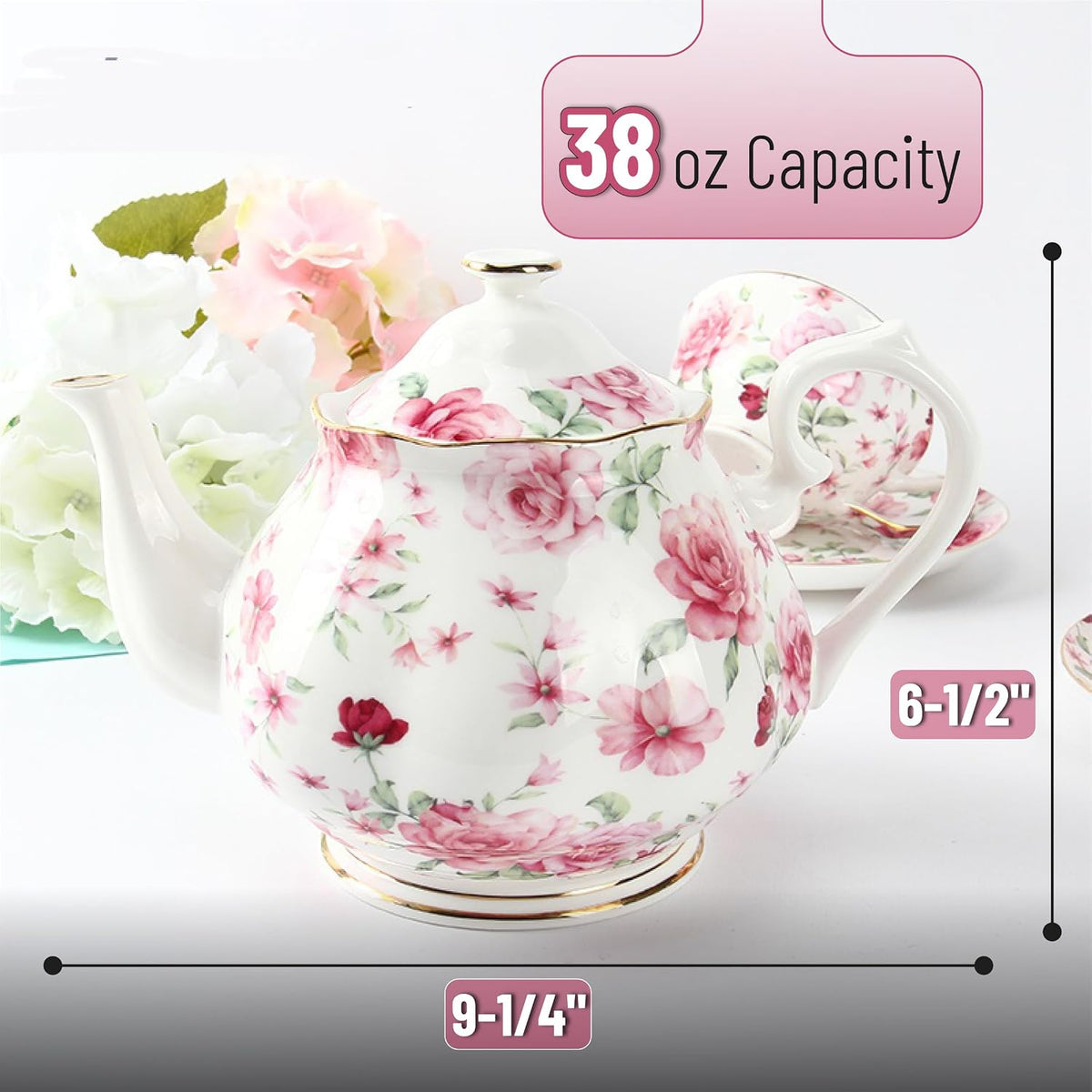 BTaT Floral Teapot, 38 oz Bone China, Perfect for Tea Set & Parties