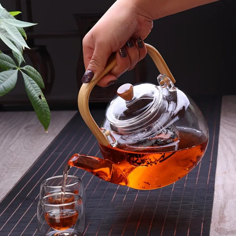 1 PC  High Borosilicate Glass Teapot with Bamboo Handle Detachable Infuser for Boiling and Brewing Flower and Herbal Tea Home Use Tea Kettle