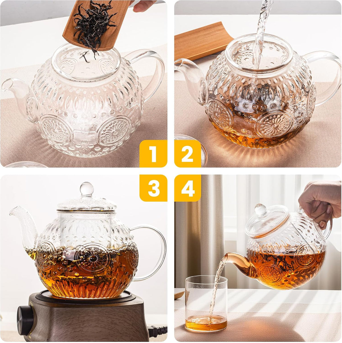Bandesun Small Capacity Vintage Glass Teapot, Tea Kettle with Removable Infuser 32OZ/1000ml, Borosilicate Glass Pot -Stovetop Safe, Blooming & Loose Leaf Tea Maker Set