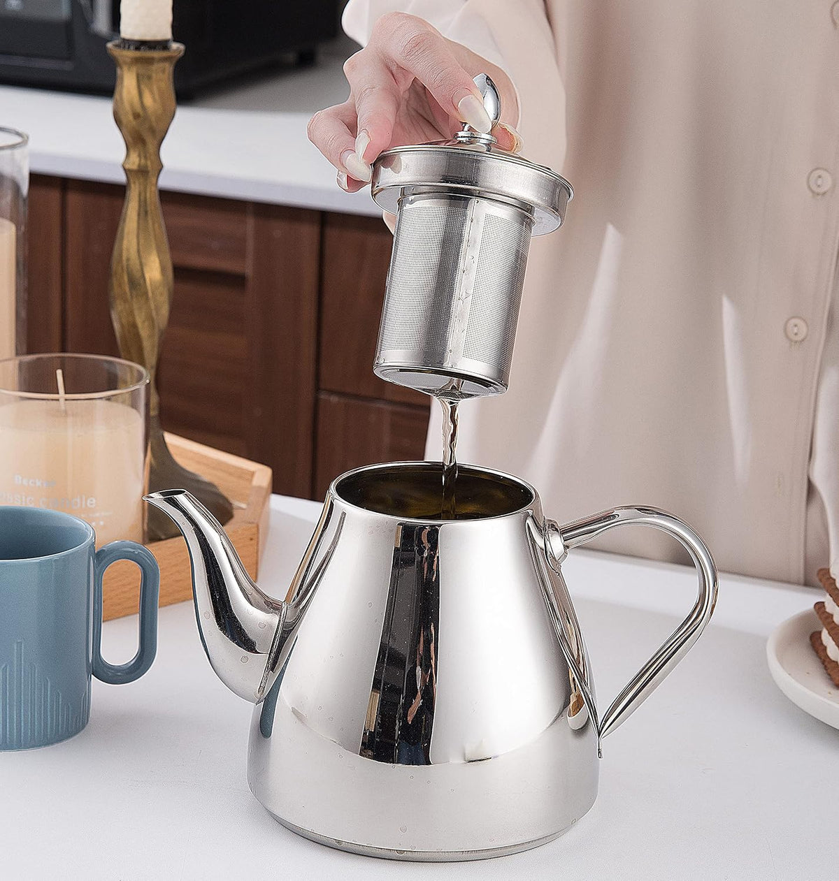 SANQIAHOME 2000ml Teapot with Infuser, Comfortable Handle, Mirror Polished