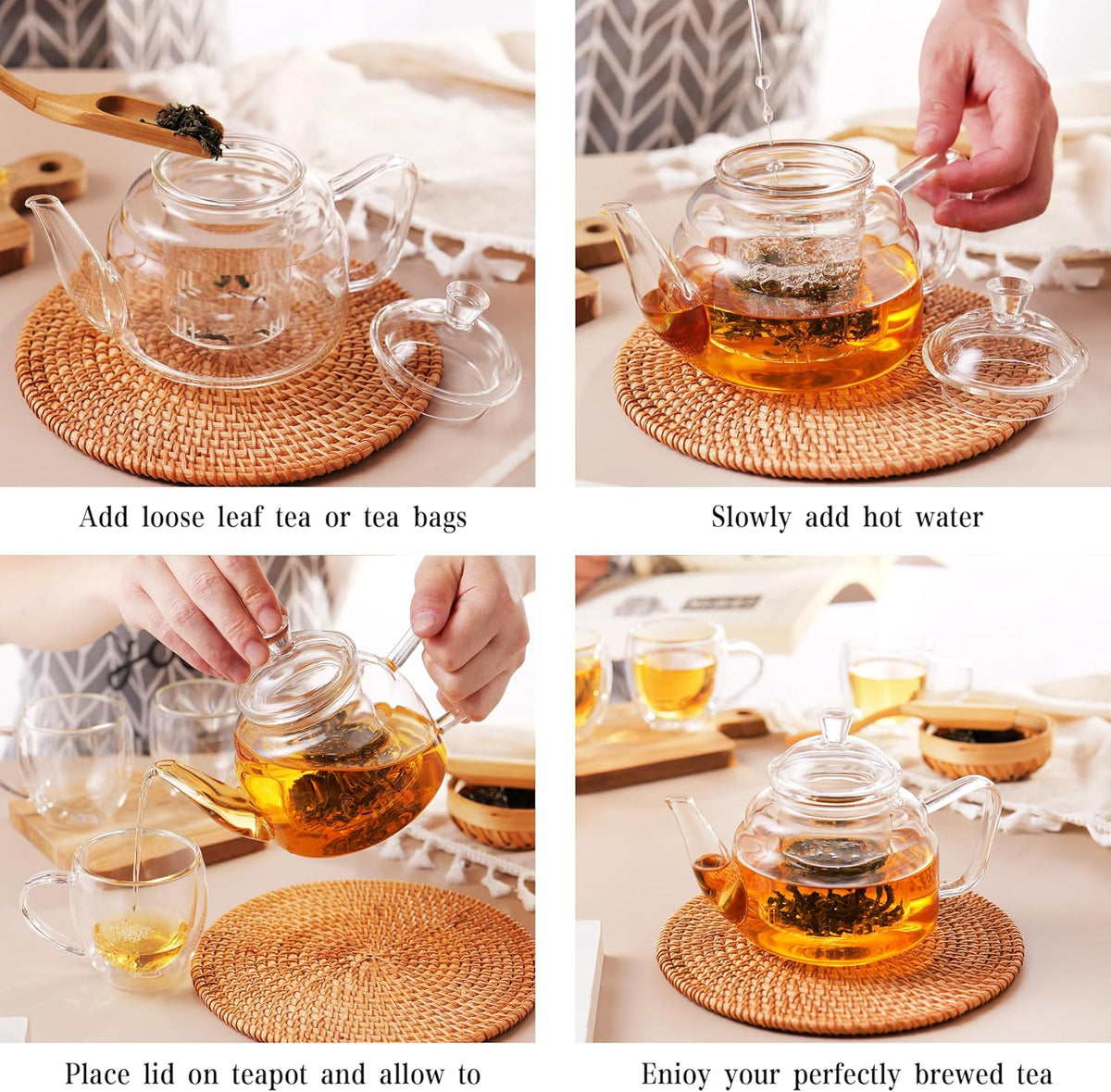 CNGLASS Glass Teapot with Removable Infuser,20oz(600ml) Clear Glass Tea Kettle Stovetop Safe,Glass Teapot with Strainer for Blooming and Loose Leaf Tea