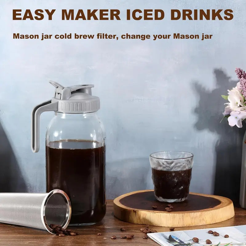 304 Stainless Steel Cold Brew Coffee Filter - 64oz Mason Jar Filter for Wide Mouth Jars, Durable Strainer with Seal Ring, Effortless Cleaning, Versatile Brewing Options for Iced Drinks & Sun Infusers