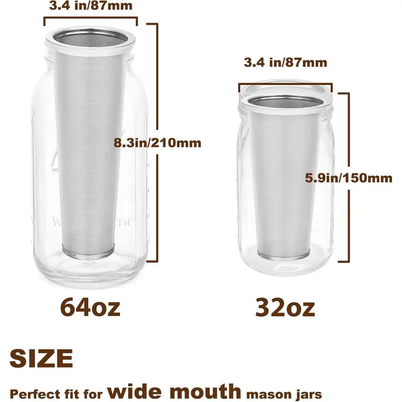 304 Stainless Steel Cold Brew Coffee Filter - 64oz Mason Jar Filter for Wide Mouth Jars, Durable Strainer with Seal Ring, Effortless Cleaning, Versatile Brewing Options for Iced Drinks & Sun Infusers